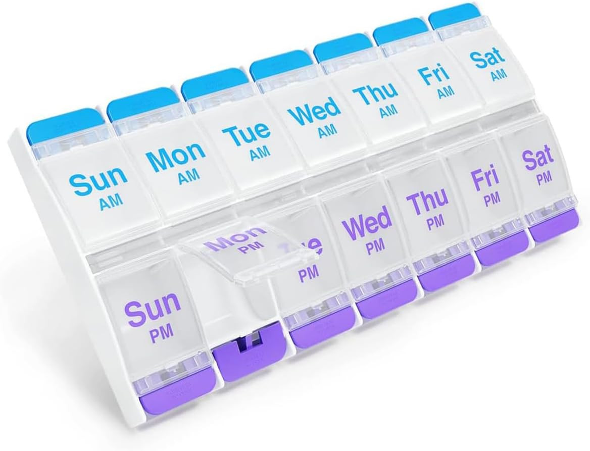 Push Button (7-Day) Pill Case, Medicine Planner, Daily Vitamin Organizer, 2 Time