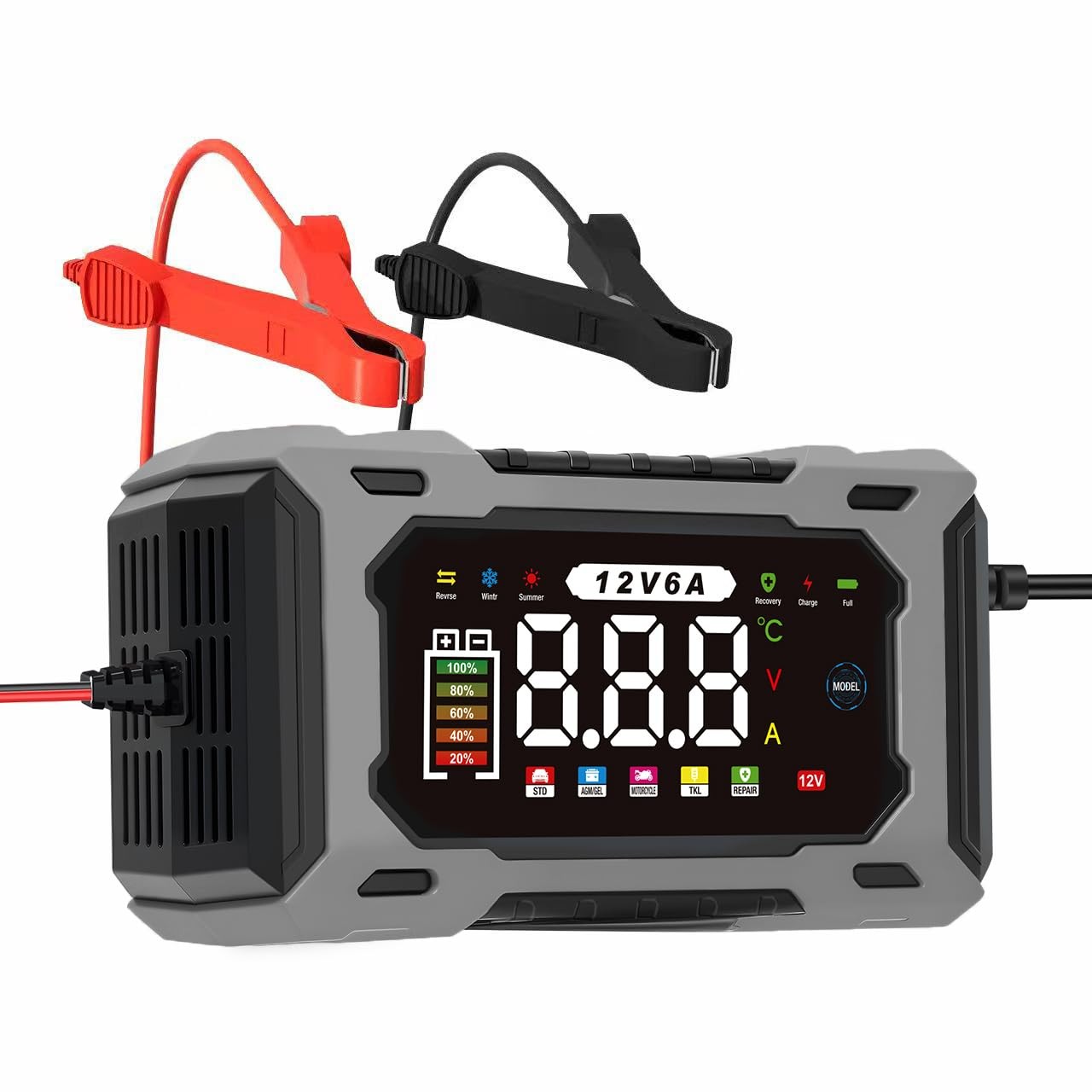 6-Amp 12V Smart Car Battery Charger, Maintainer Trickle Charger Gray