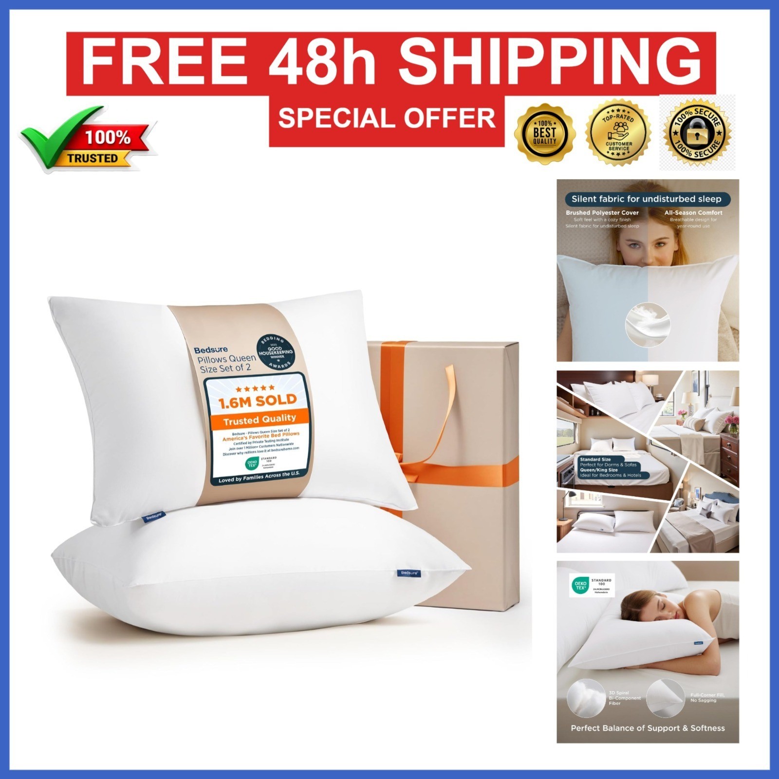 Queen Size Pillows Set of 2 - Soft Down Alternative for All Sleepers