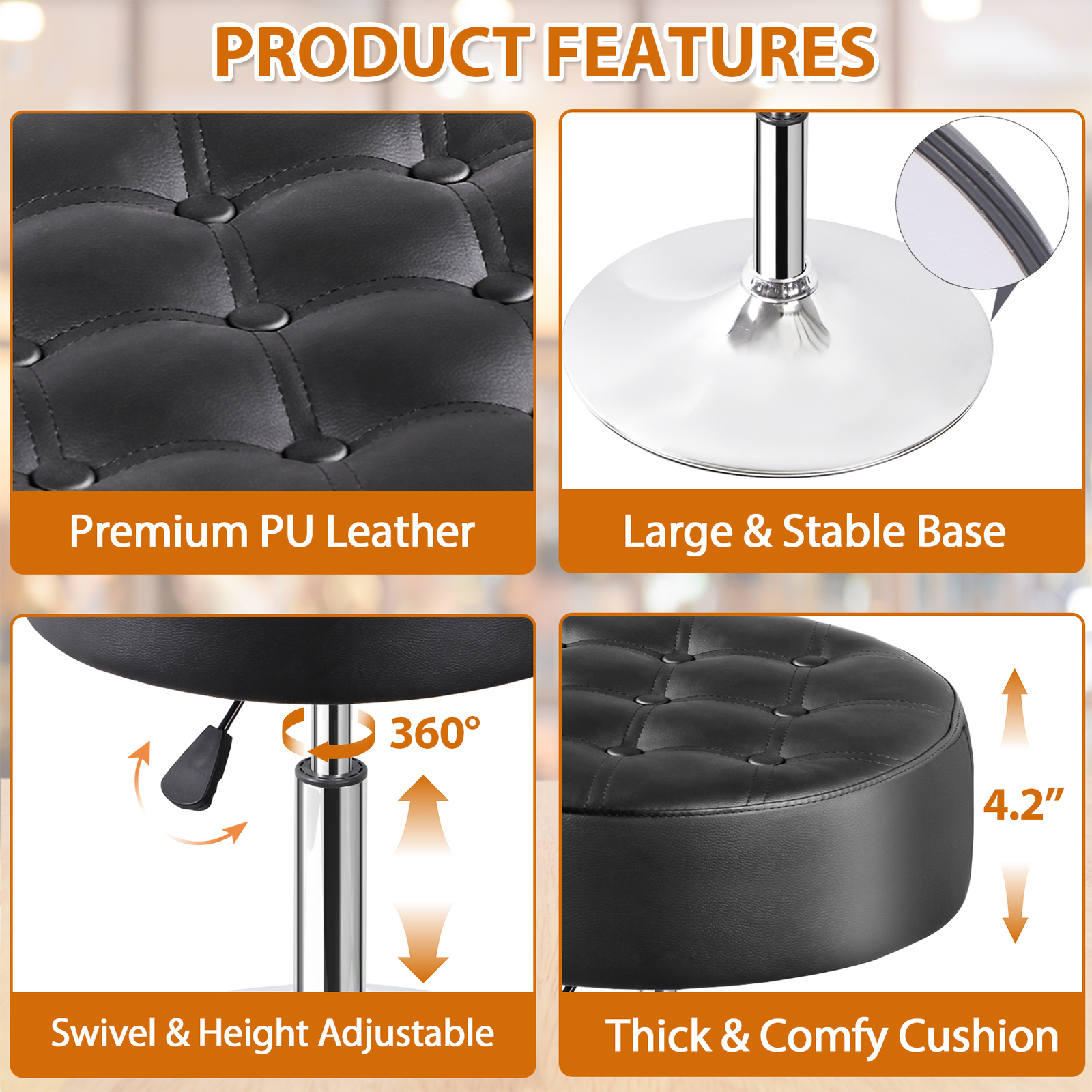 2PCS 360° Swivel Vanity Bar Stool Makeup Stool Adjustable Height Bar Stool Black