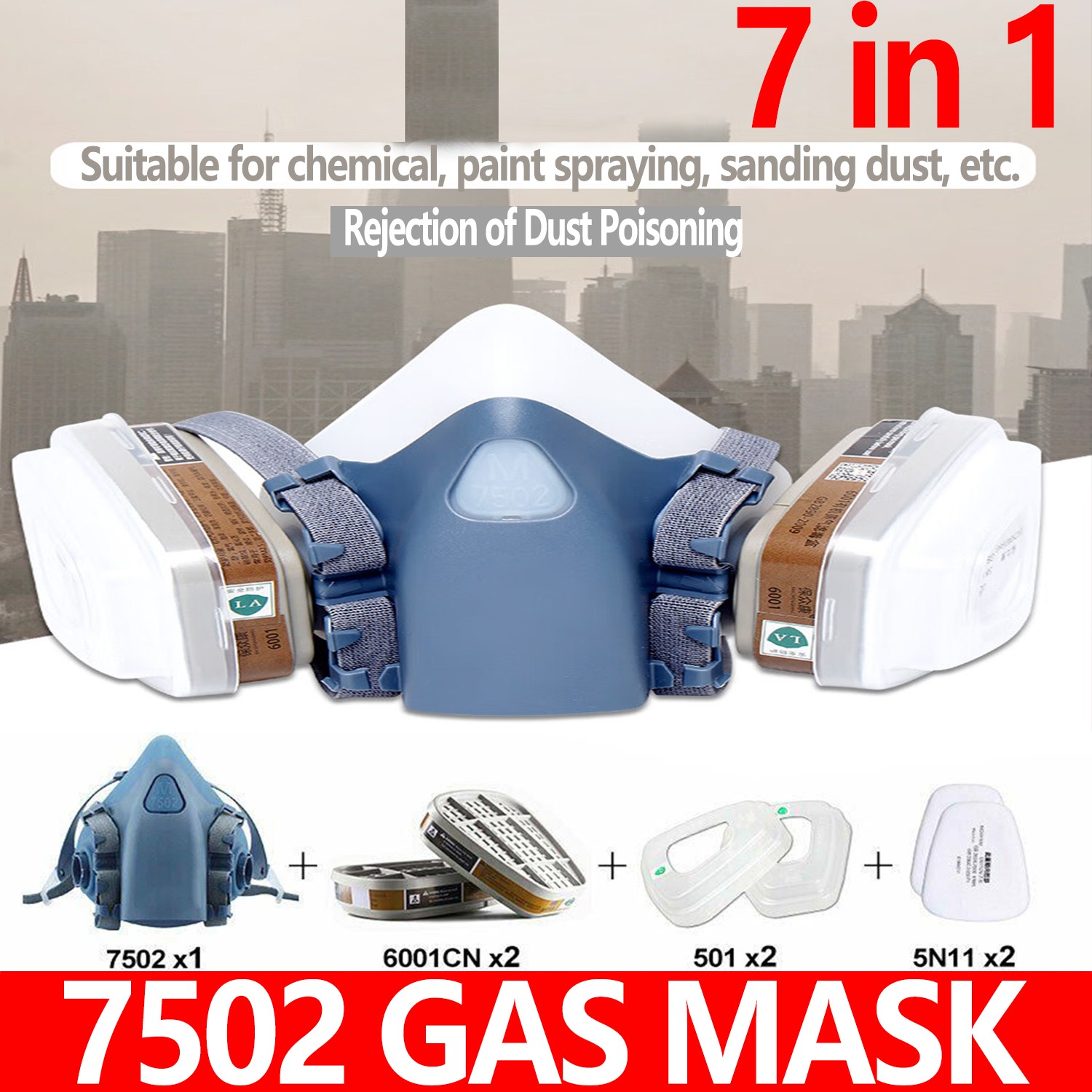 7502 Half Face Respirator Painting Spraying Mouth Gas Mask Piece Suit 7 in 1