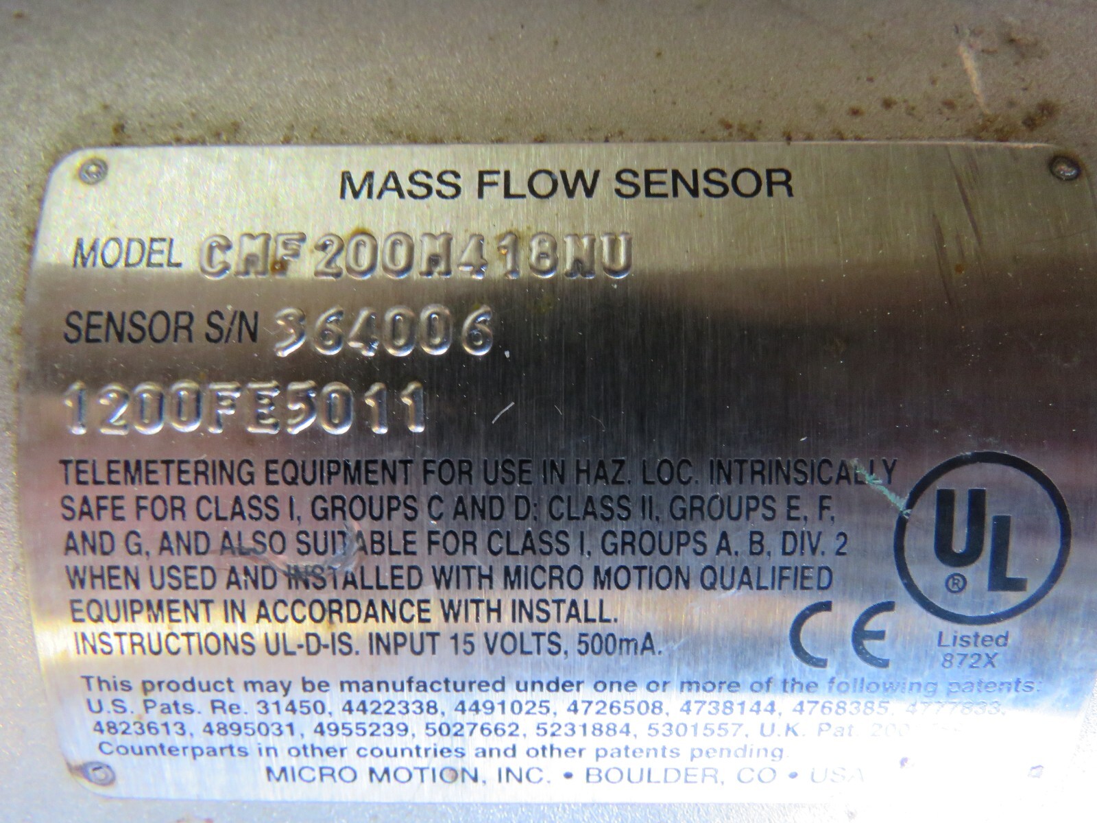 MICRO MOTION MASS FLOW SENSOR CMF200M418NU USED