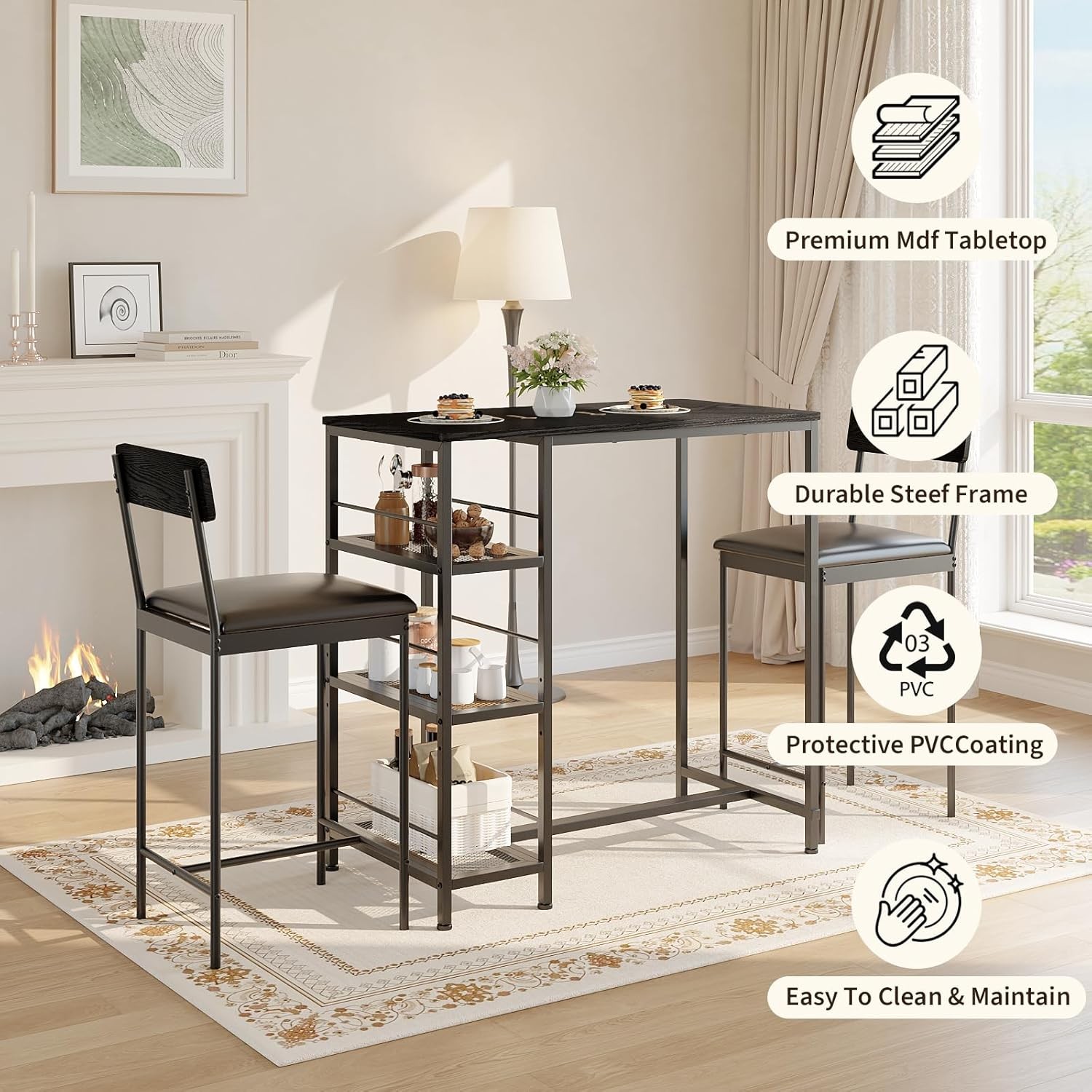 36" 3-Piece Dining Table Set, Bar Table with 2 Upholstered Stools & Wine Rack