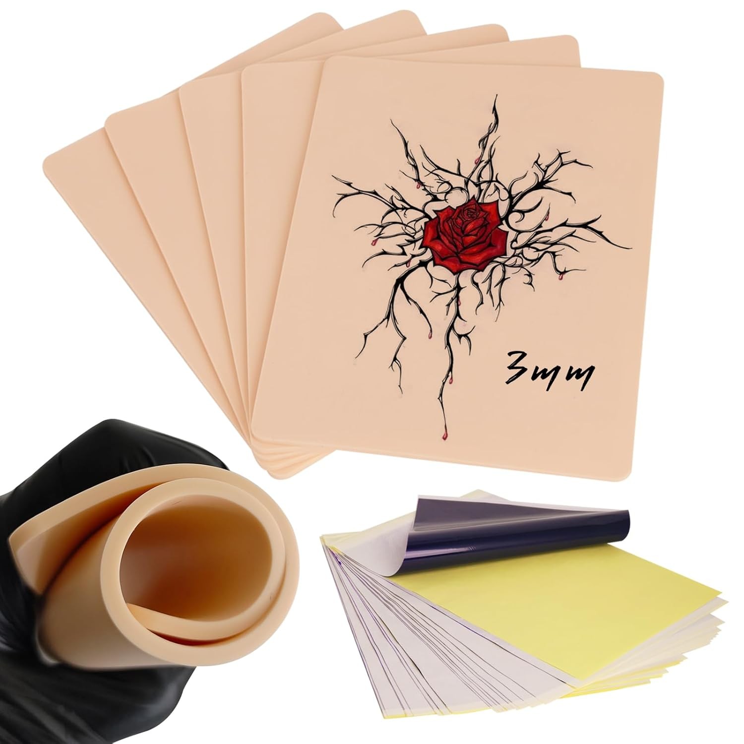 10P 3MM Skin + Paper, 20Pcs Transfer Paper + 5Pcs Tattoo Practice