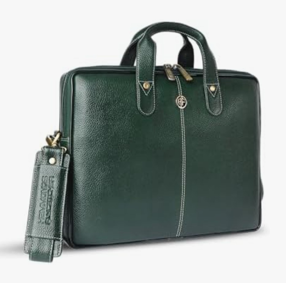 Genuine Leather Laptop 14 inch Mens Office Messenger Bag Green Professional