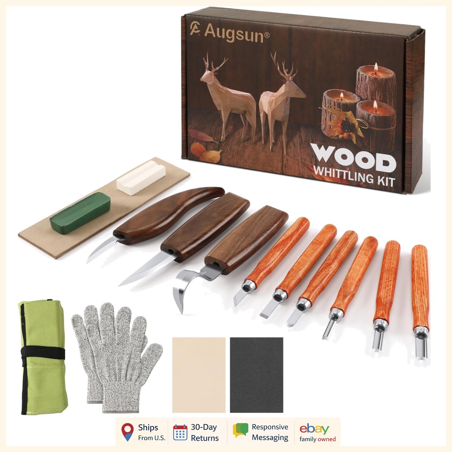 Complete Wood Whittling Set with 9 Knives, Protective Gloves & Polishing Tools