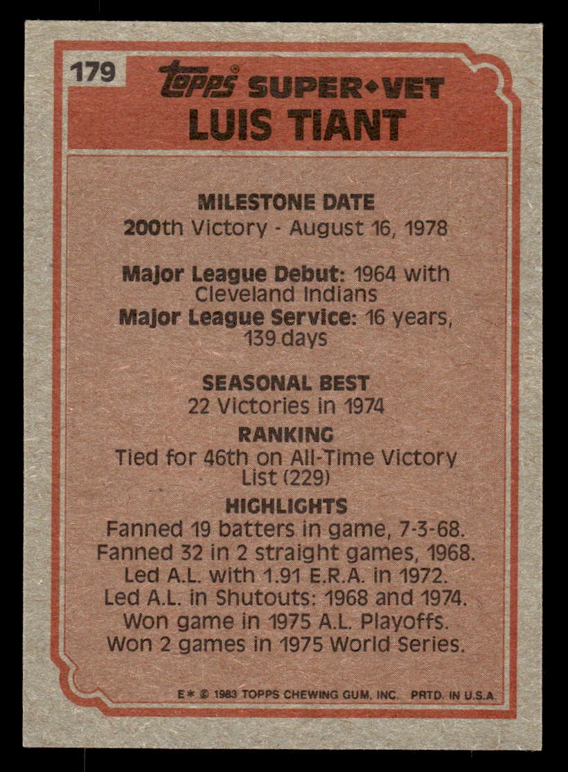 1983 Topps #179 Luis Tiant Card