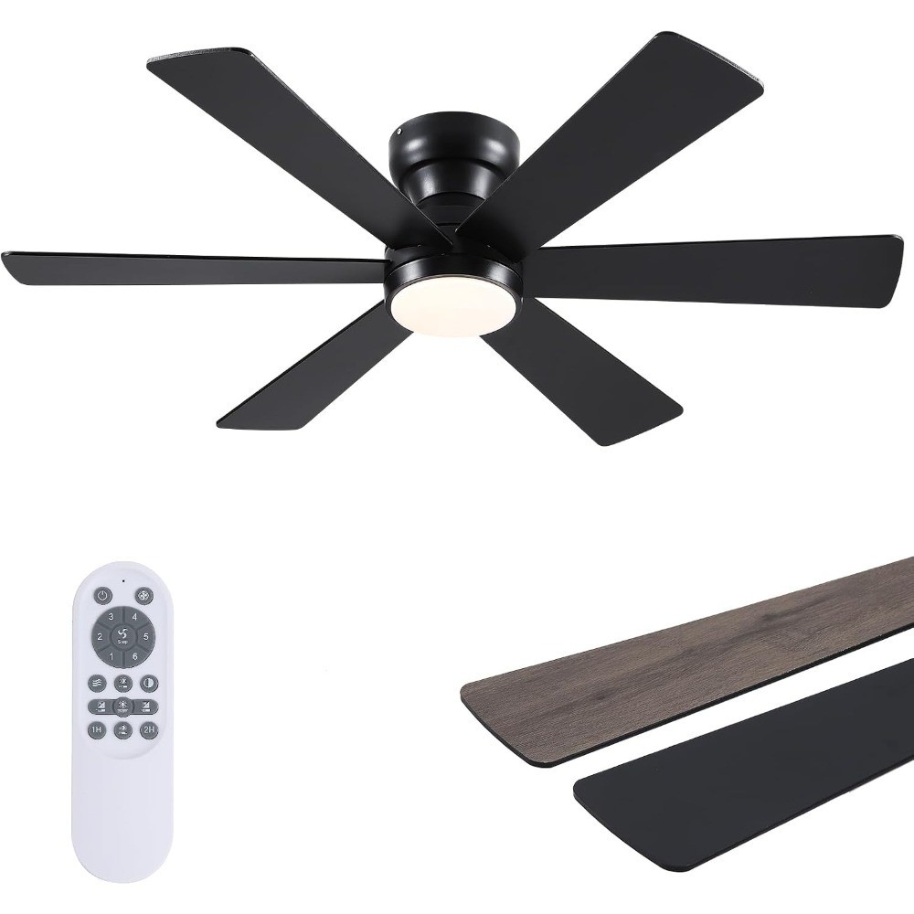 46" Black 6-Blade Modern Low Profile Ceiling Fan with Light and Remote, 6
