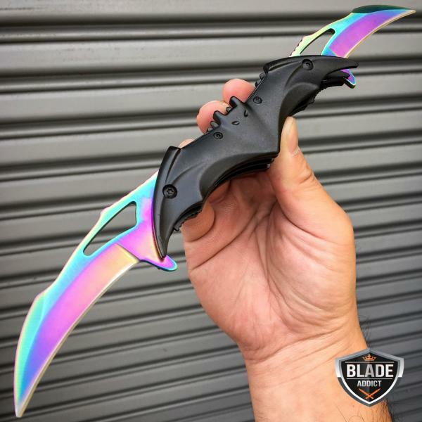 DARK KNIGHT SPRING DUAL BLADE BATMAN TACTICAL ASSISTED FOLDING KNIFE RAINBOW