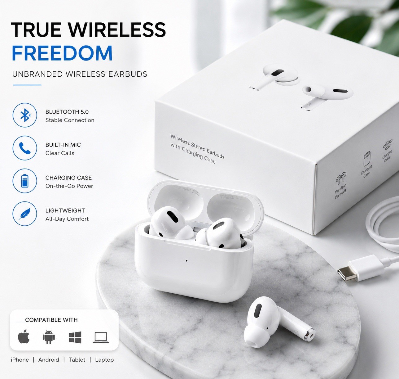 Wireless Bluetooth Earbuds with Charging Case – White – Unbranded – New Open Box