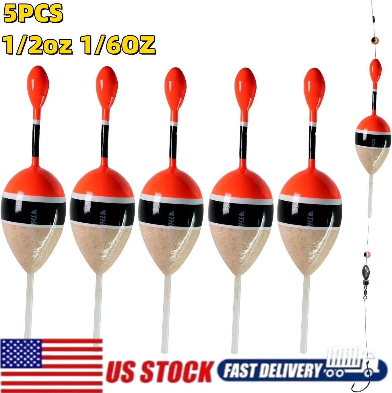 5PCS 1/2,1/6OZ Fishing Floats Balsa Slip Bobbers for Fishing for Crappie 3colors
