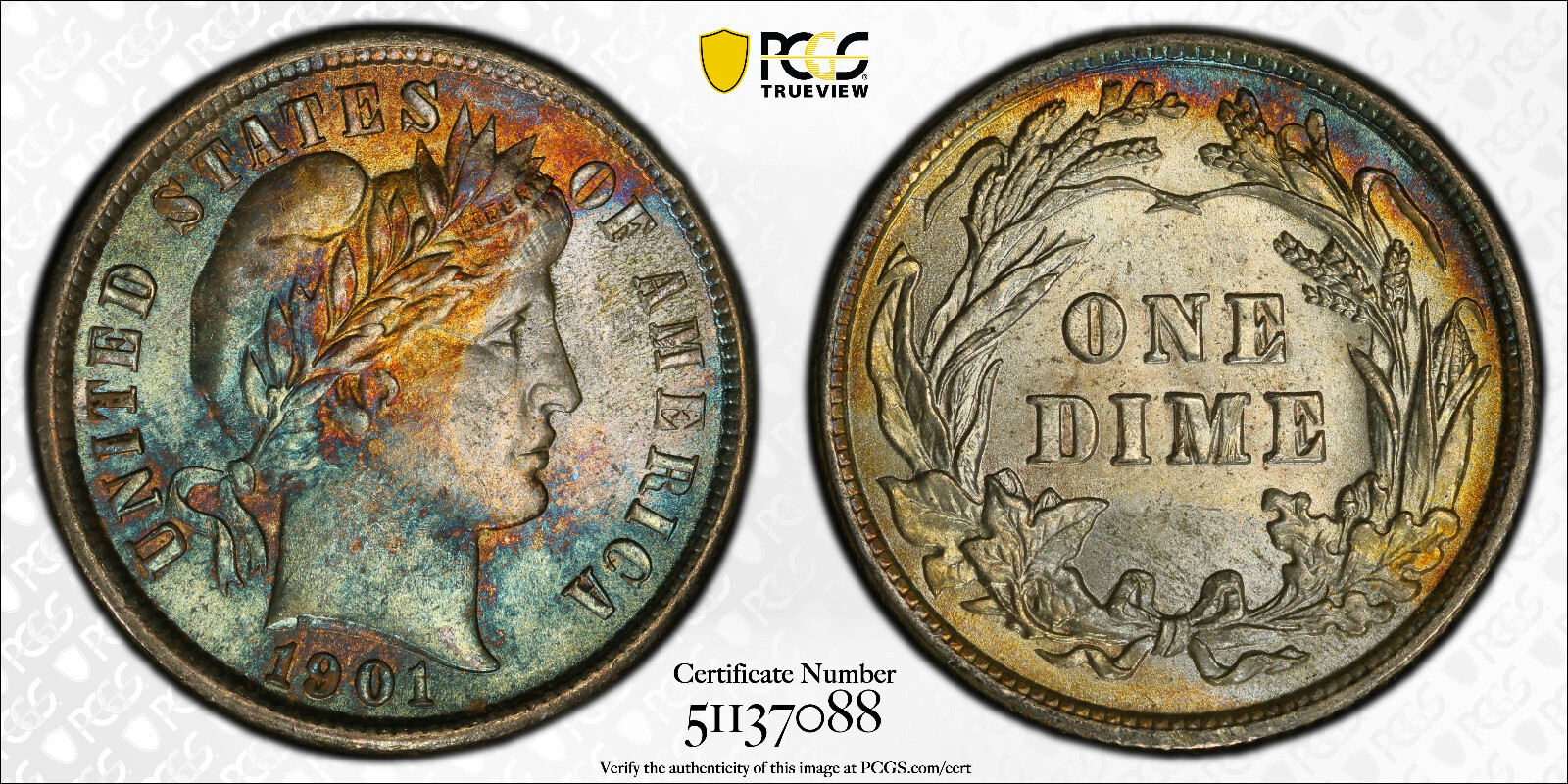 1910 Barber Dime ~ Very High Grade + Awesome Toning ~ PCGS Unc. Details Scratch