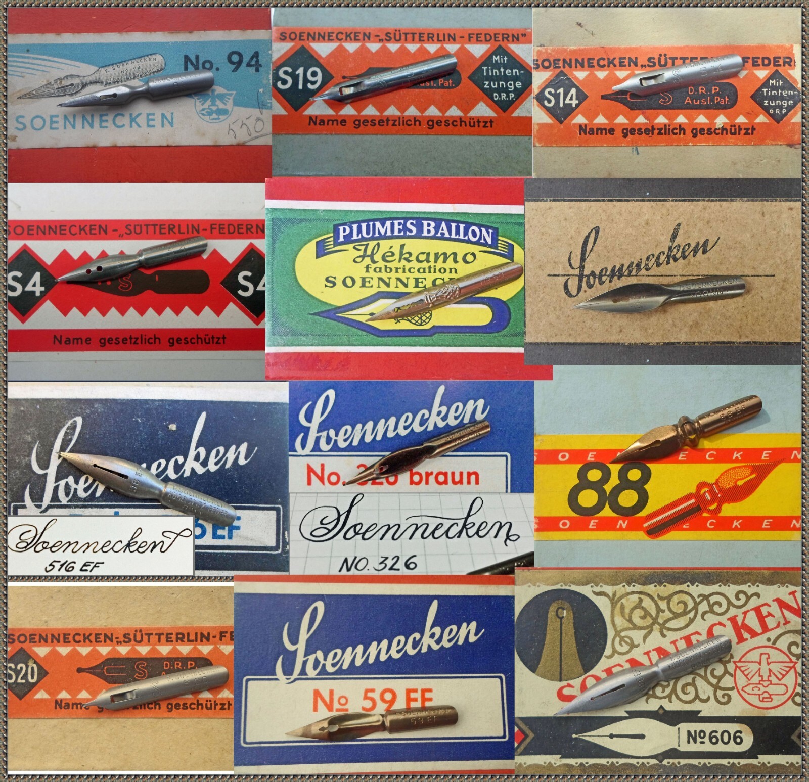 12 vintage SOENNECKEN pen nibs: e.g. S4, S14,S19, S20, 88 EF, 326, 516 EF,606 EF