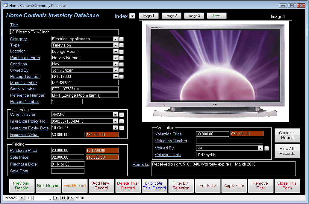 Home Contents Inventory Database Software CDROM for Windows
