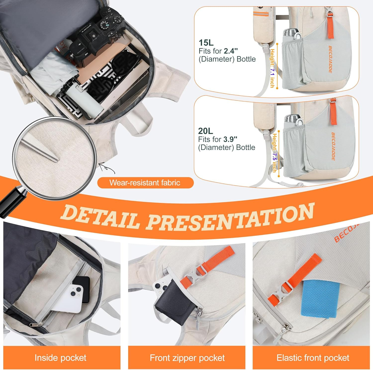 Ultralight 15L Foldable Hiking Backpack for Travel and Outdoor Activities, Beige