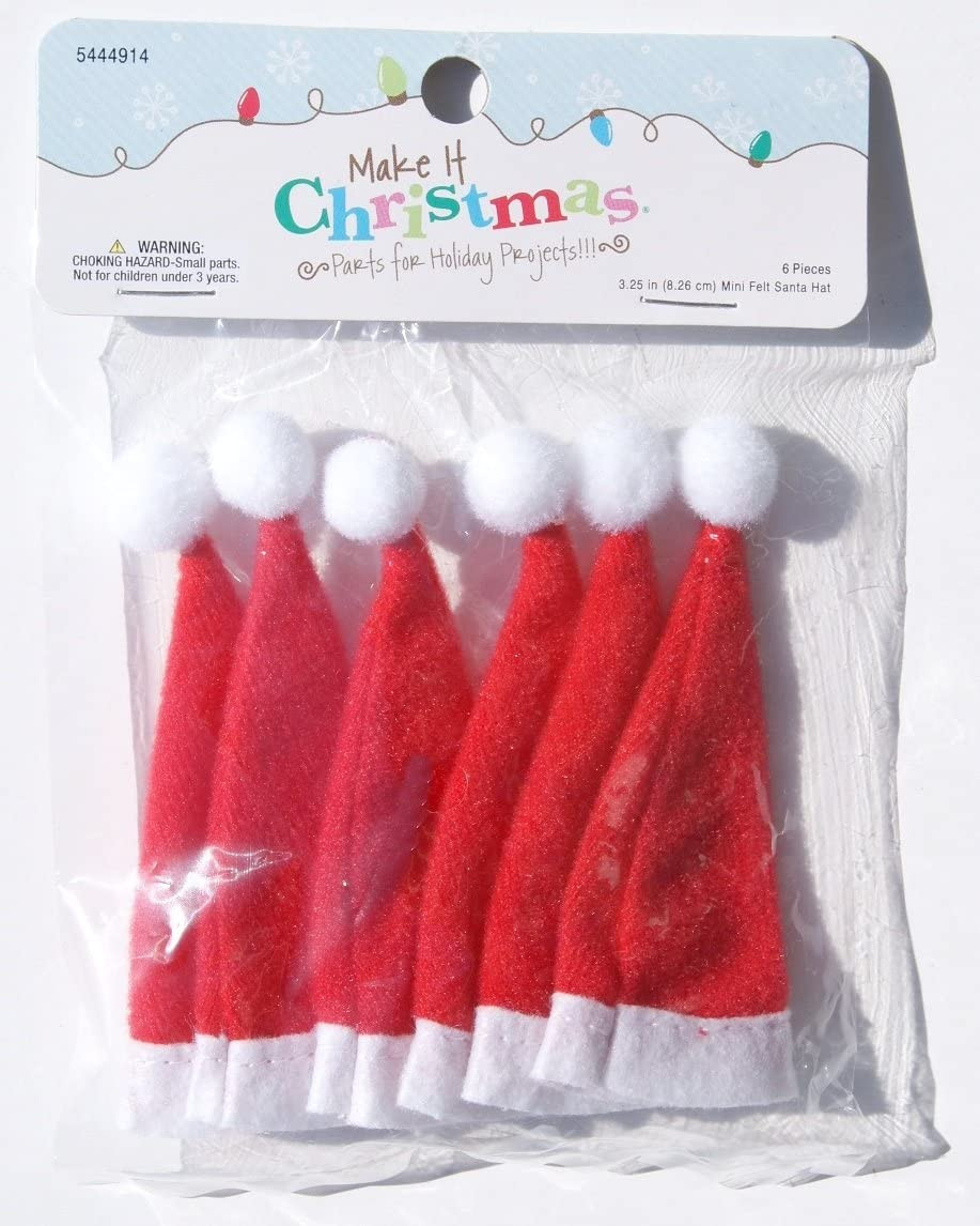 Mini Red Santa Hats for Crafting Projects Set of 6 with Soft Pom Pom