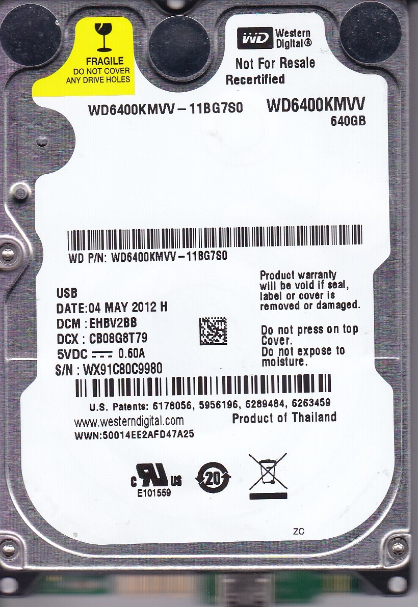 WD6400KMVV-11BG7S0 dcm: EHBV2BB  s/n: WX91C8 Thailand 2012 640GB USB 2.0  B17-06