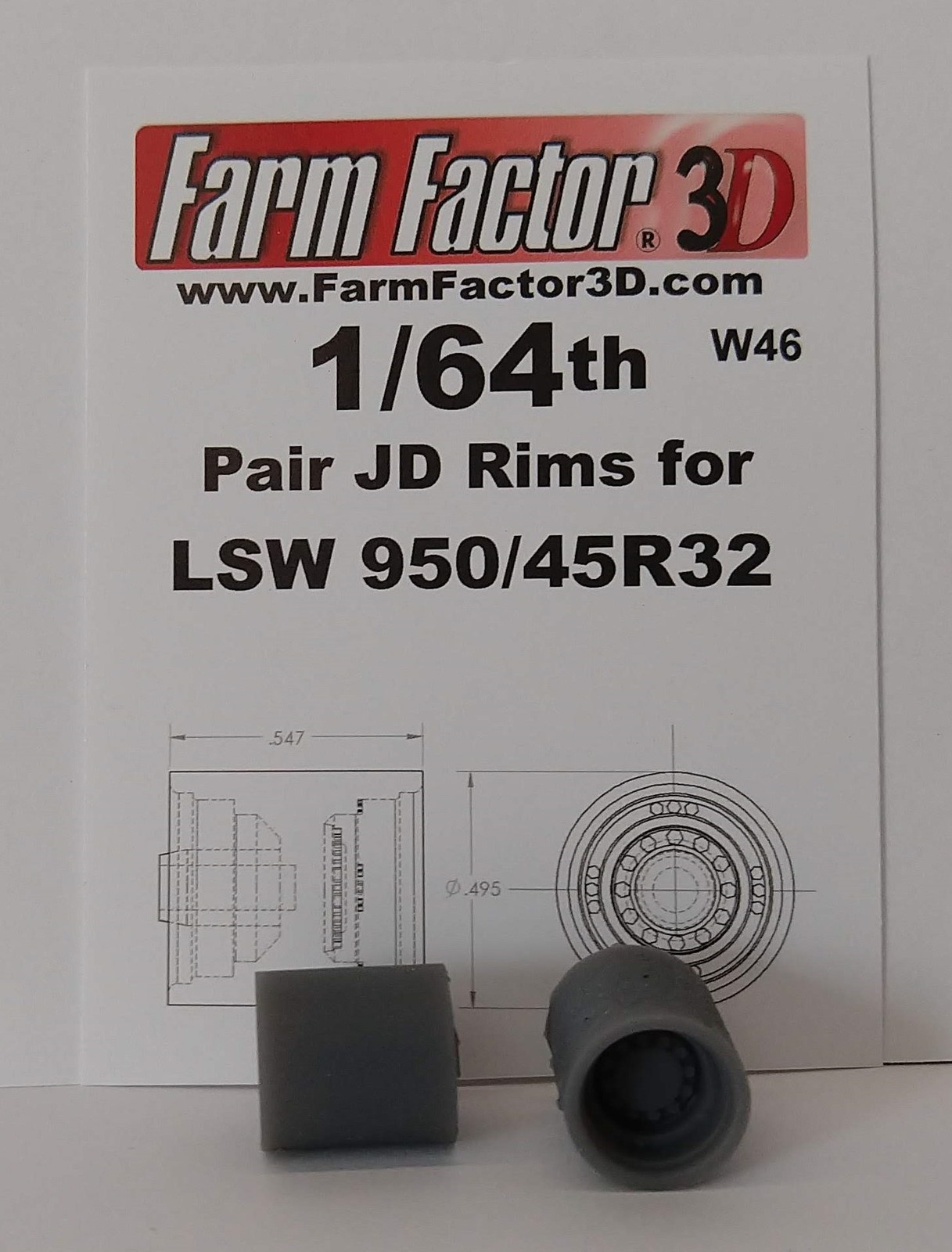 1/64 3D Printed Pair of John Deere Rims for LSW 950/45R32 Tires