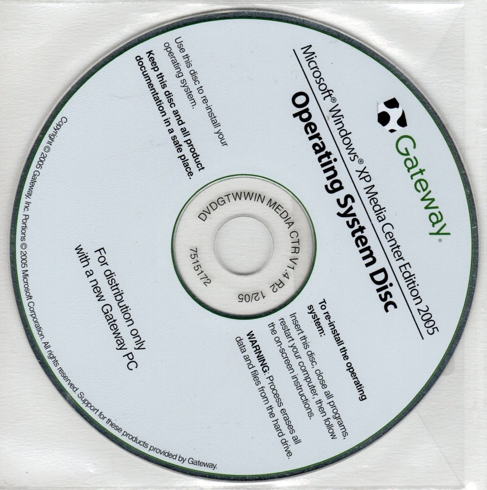 Gateway Microsoft  Windows XP Media Center Edition 2005 Operating System OS Disc