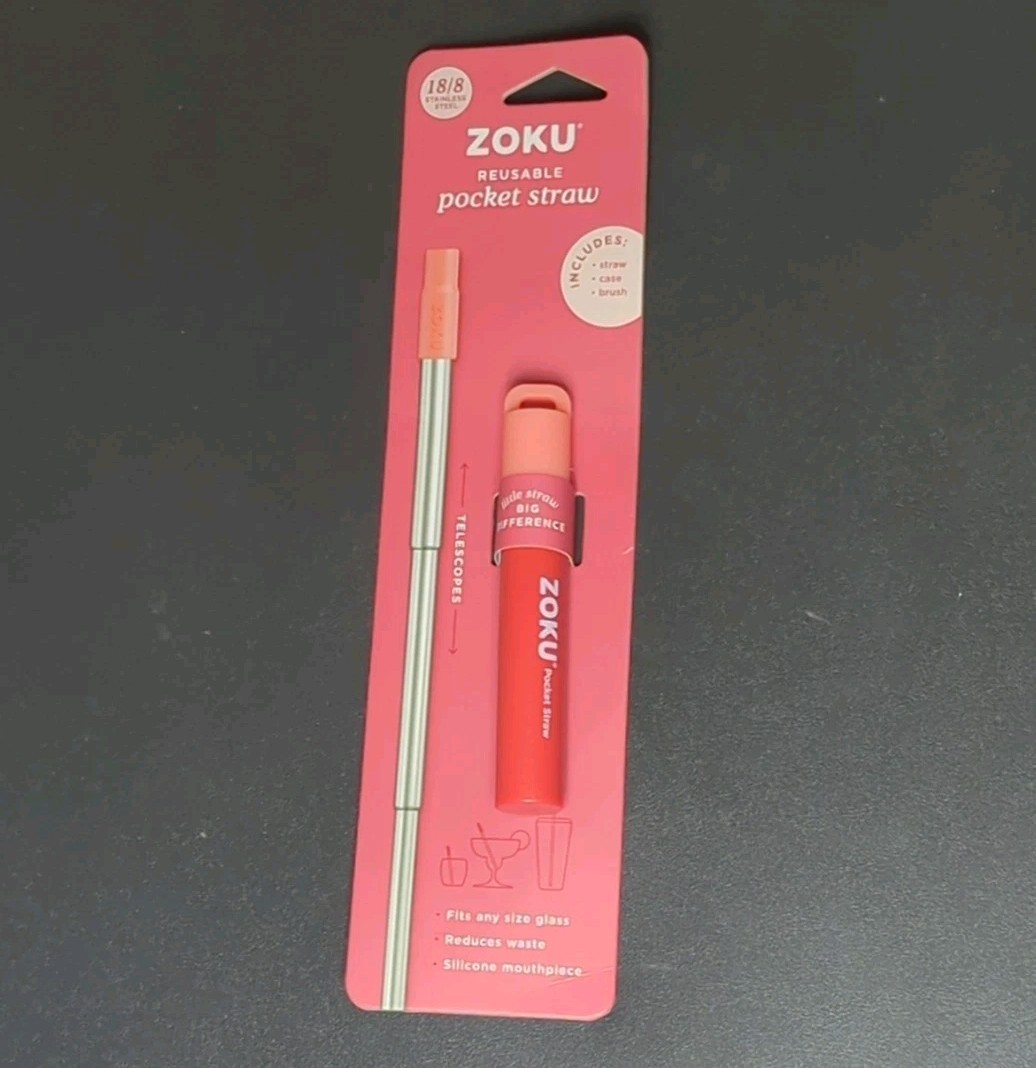 Brand New Zoku Red Reusable Pocket Straw Straw/Case/Brush 18/8 Stainless Steel