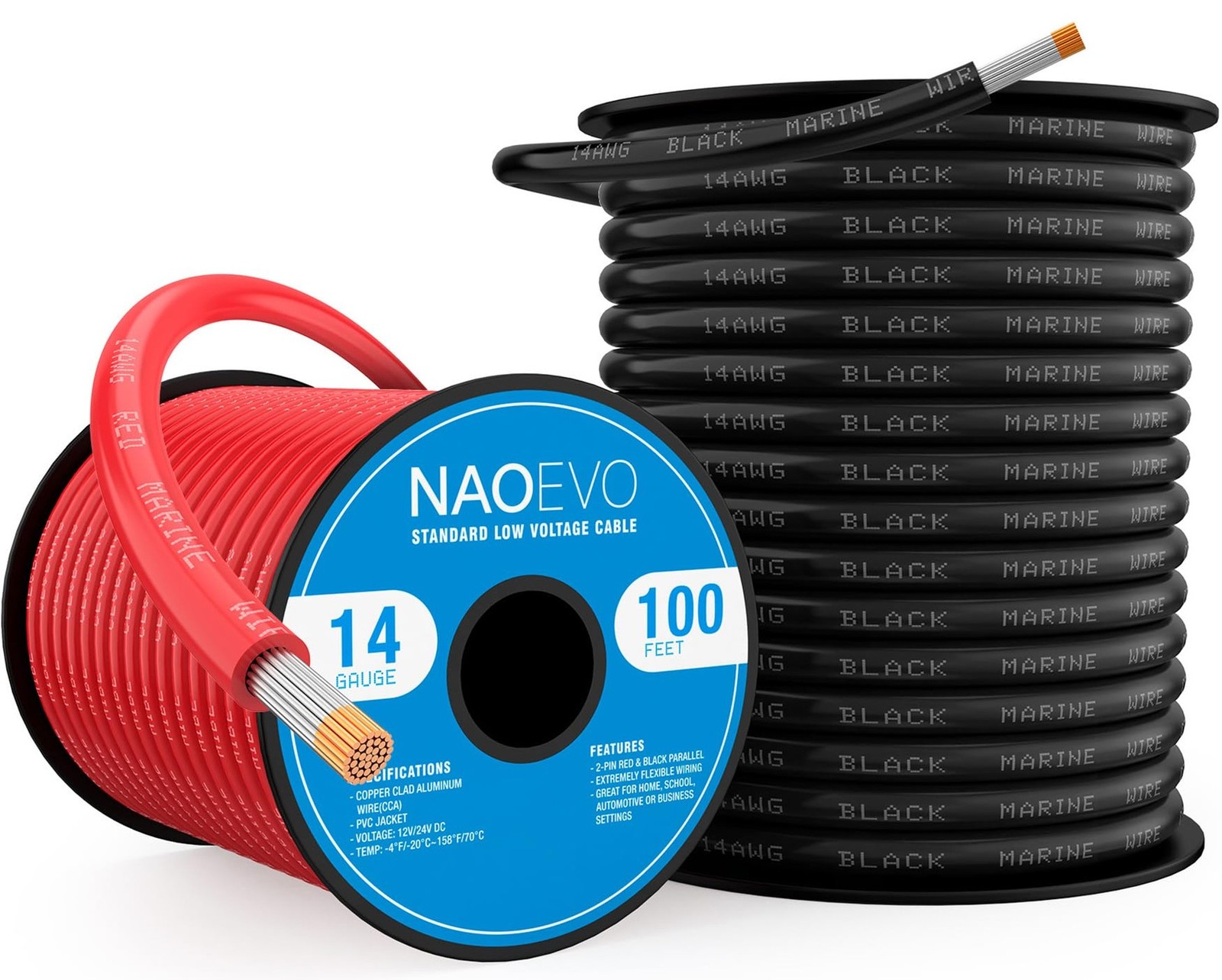 NAOEVO 14 Gauge Marine Wire, Tinned Copper Wire, 100 FT Black + 100 FT Red | ...