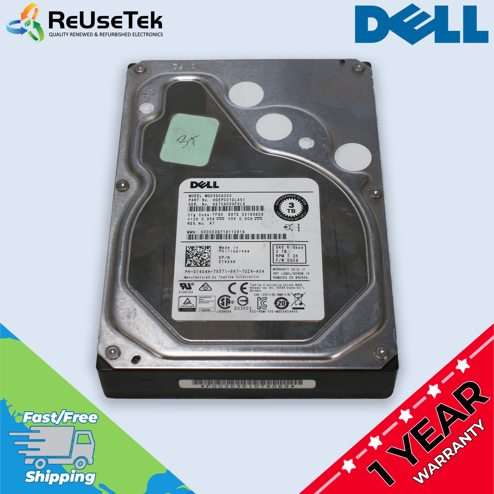 Dell 3TB MG03SCA300 64MB Cache 6GB/s 3.5'' 7200RPM SAS Hard Drive | 014X4H