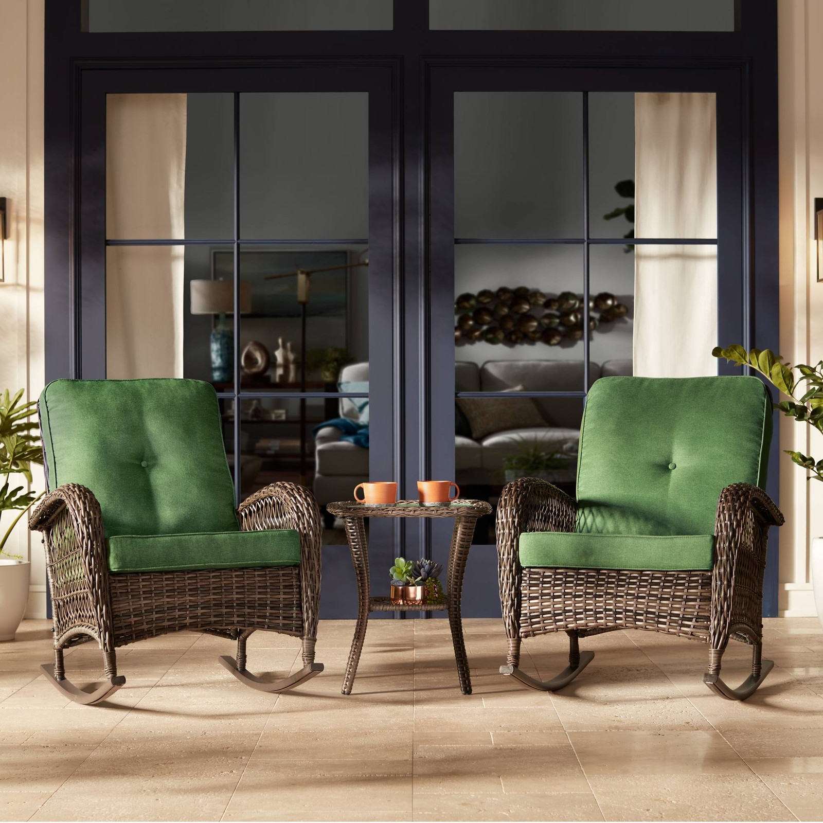 Madden 3-Piece Rattan Outdoor Green Rocking Chair Set With Occasional Table