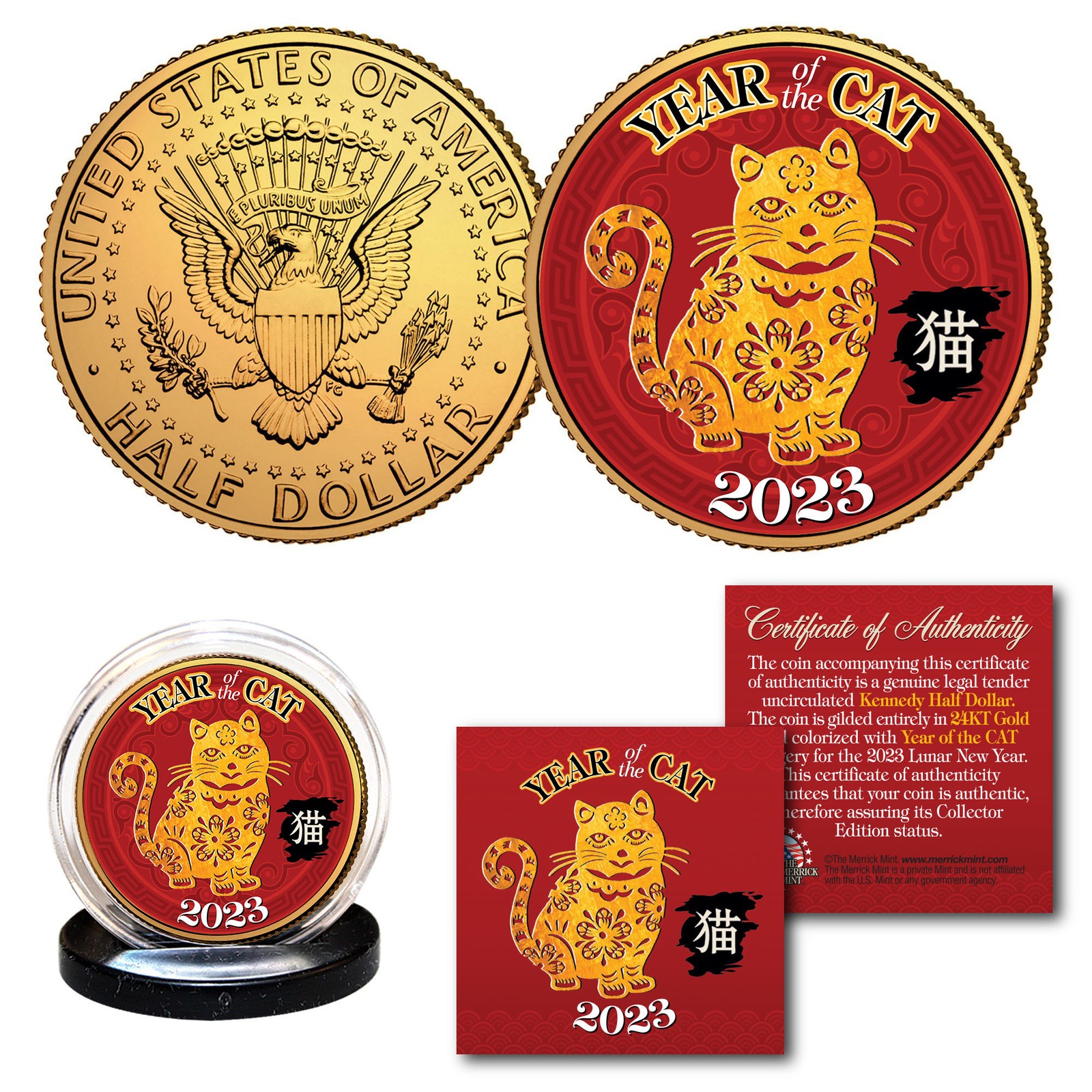 2023 Vietnamese Lunar YEAR OF CAT 24K Gold Plated JFK Kennedy Half Dollar Coin