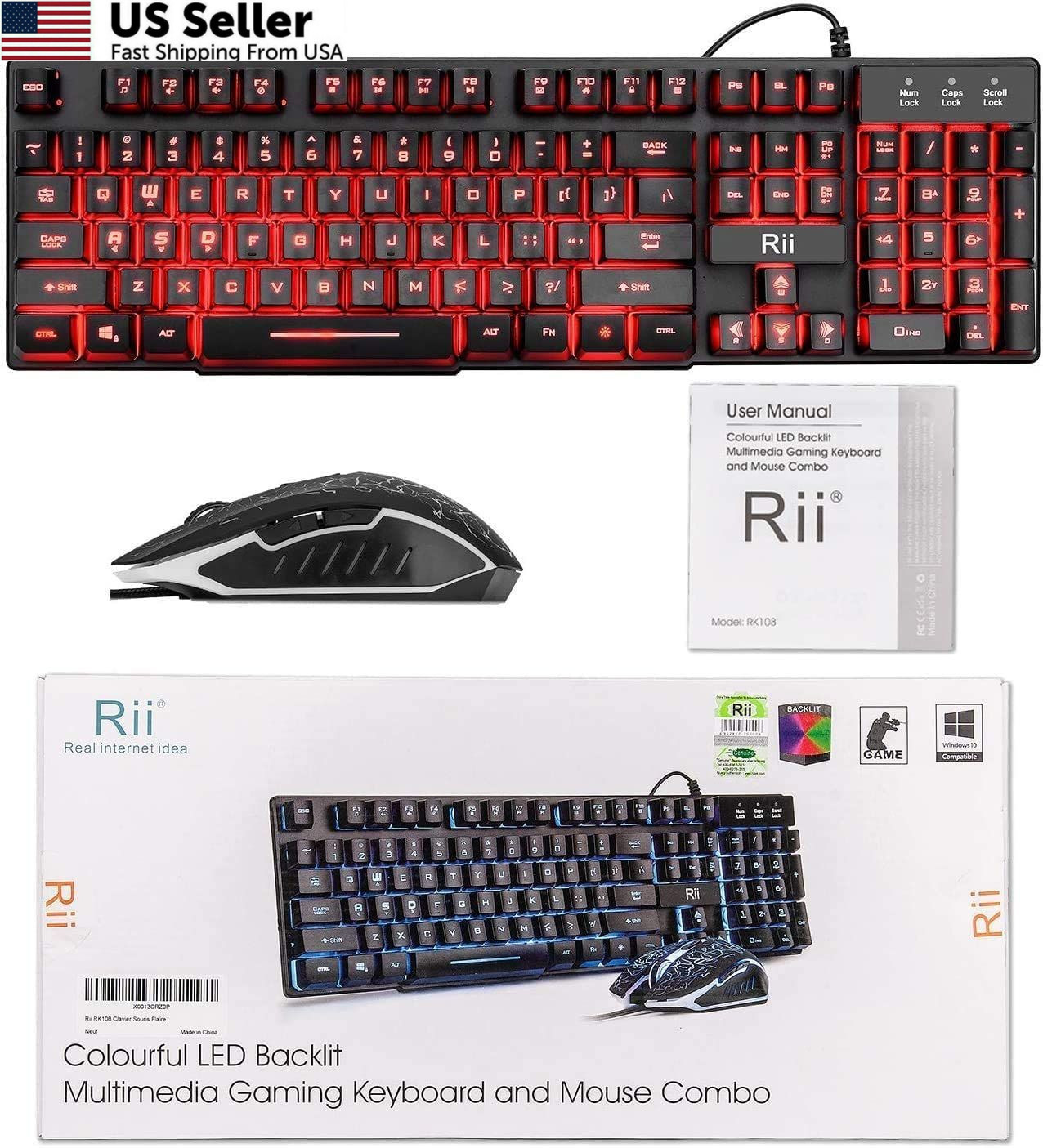 Rii Gaming Keyboard and Mouse Set, 3-LED Backlit Mechanical