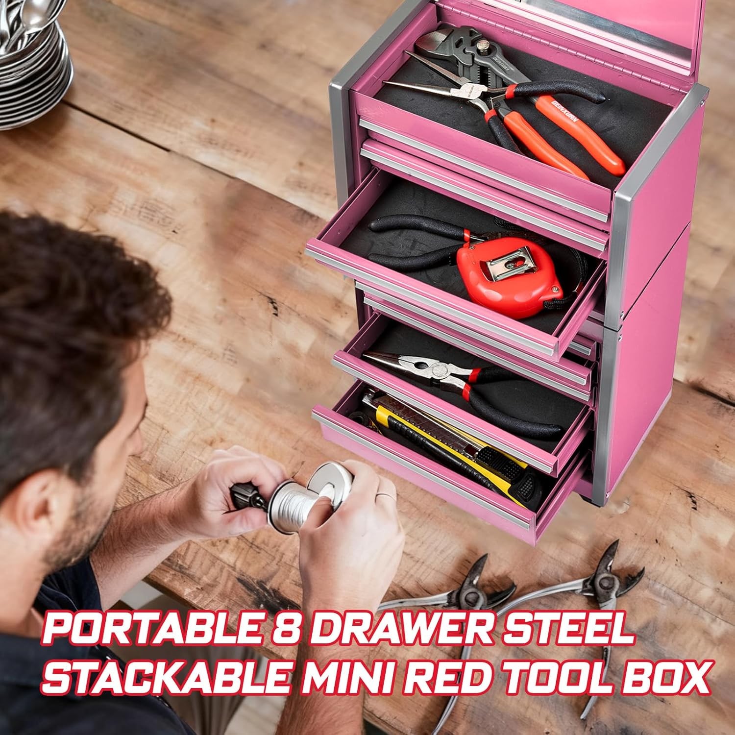 8-Drawer Rolling Pink Tool Box Heavy Duty Micro Roll Cab Steel Stackable Tool