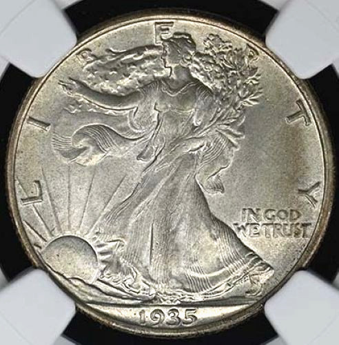 1935 WALKING LIBERTY HALF NGC MS 64 LIGHTLY GREYING VANILLA WHITE SURFACES ARE