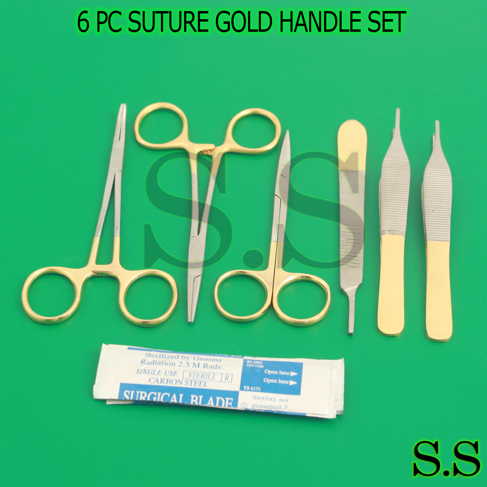 6 PC SUTURE GOLD HANDLE LACERATION SURGICAL INSTRUMENTS SET KIT+5 BLADE #10