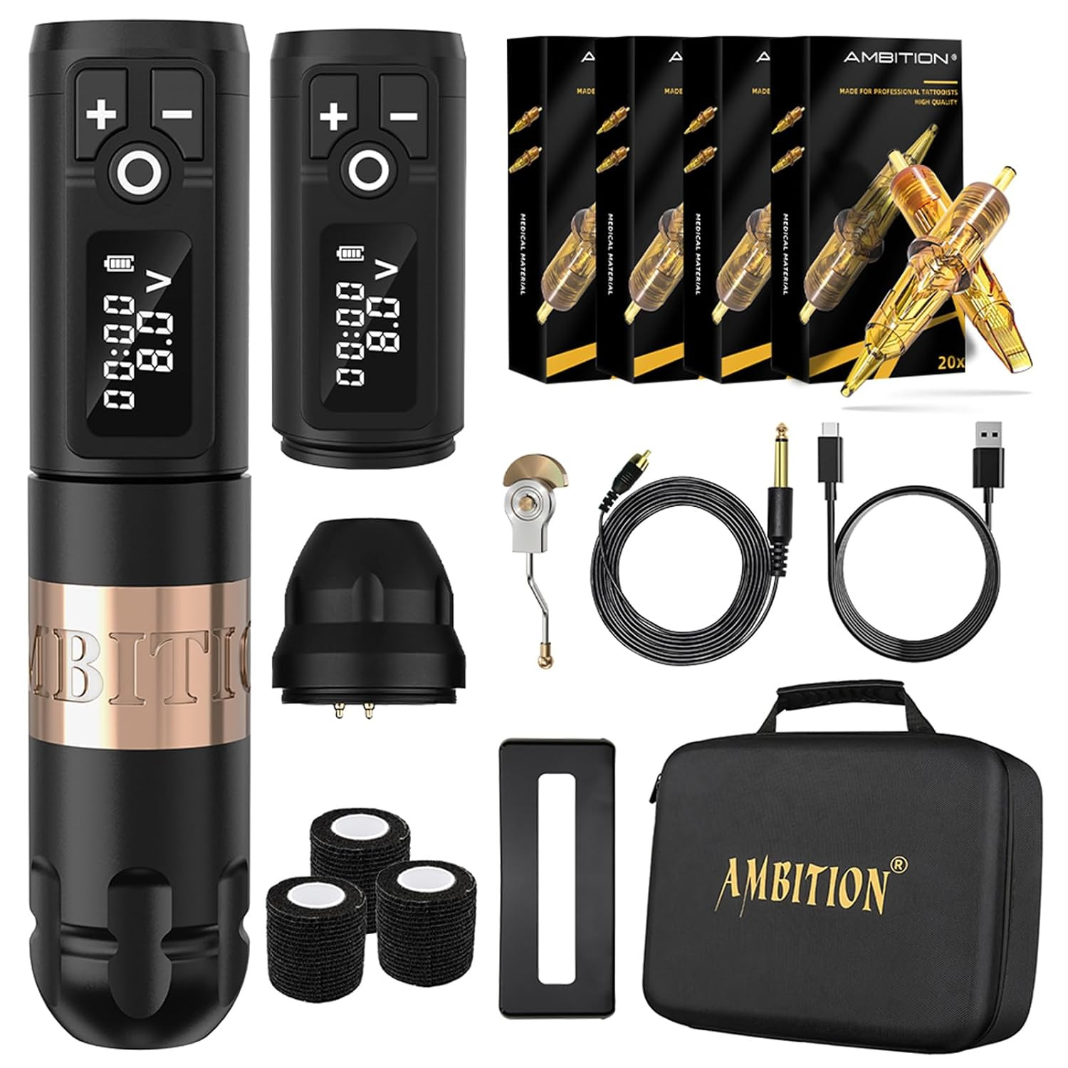 Ambition Wireless Tattoo Machine Kit Rotary Pen 2 Batteries 80 Needles Gold..