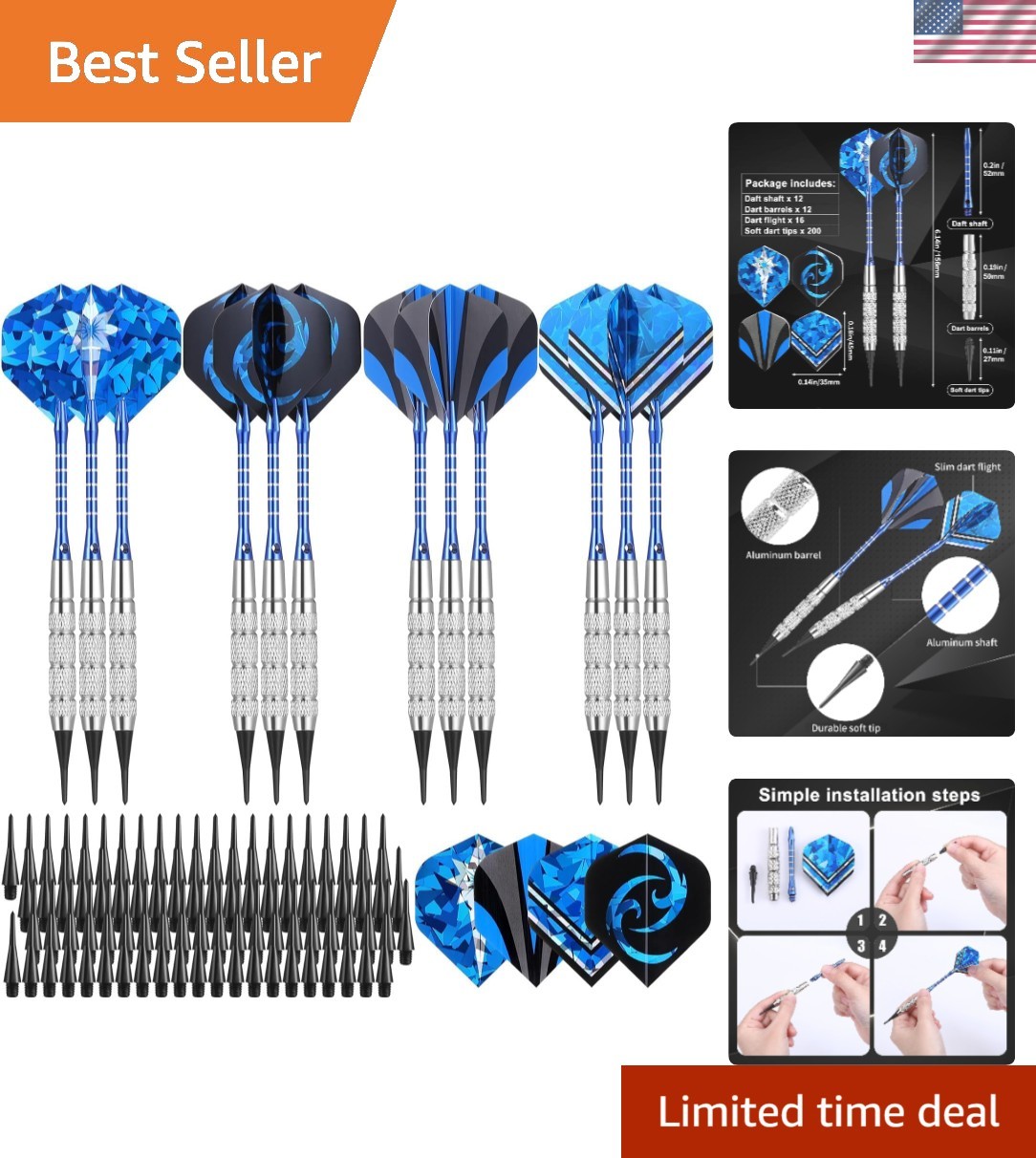 Professional Soft Tip Darts Set - 12 Darts, 16 Flights & 200 Plastic Tips