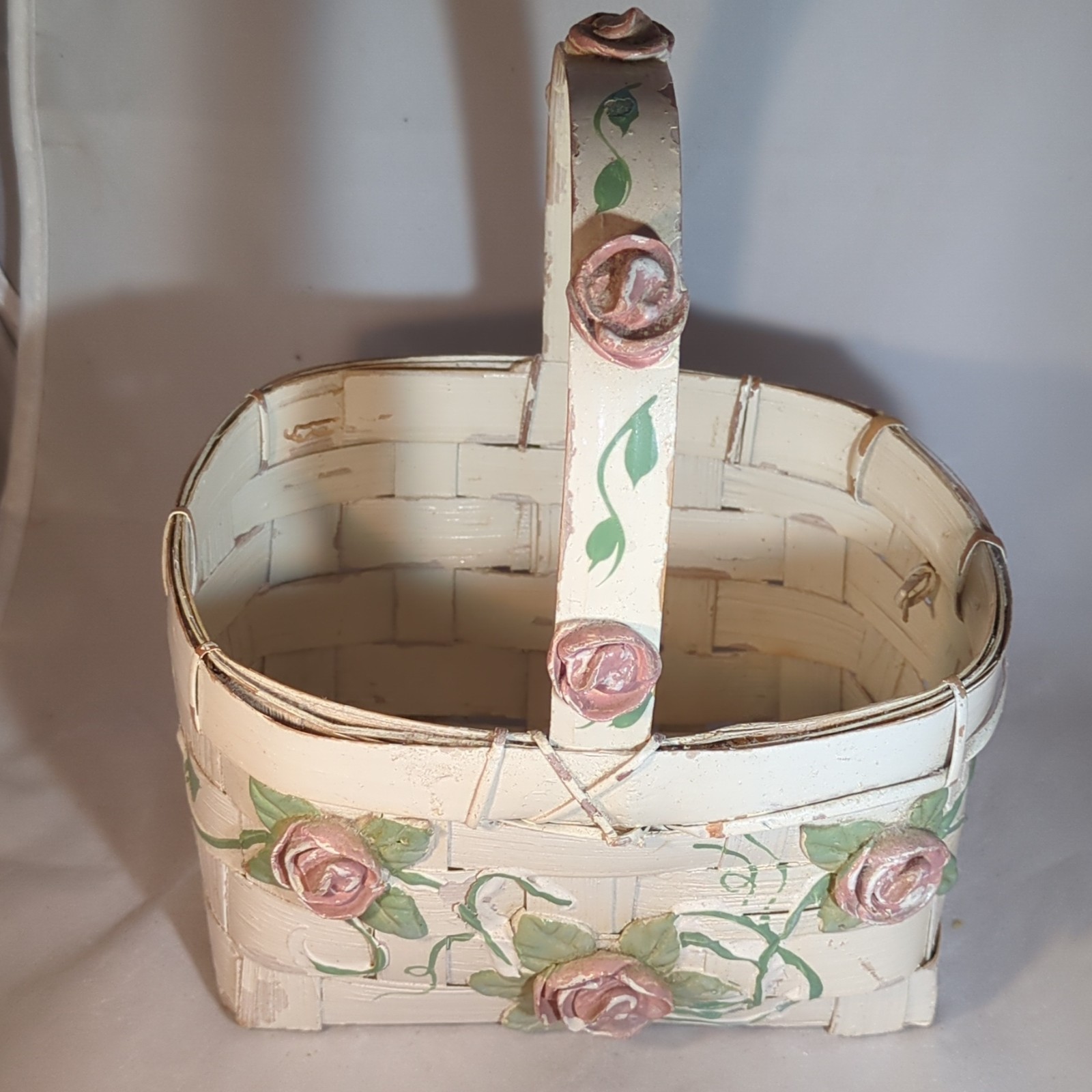 Ivory Rectangular Decorative / Easter Basket With Pink Rose Accents and Handle