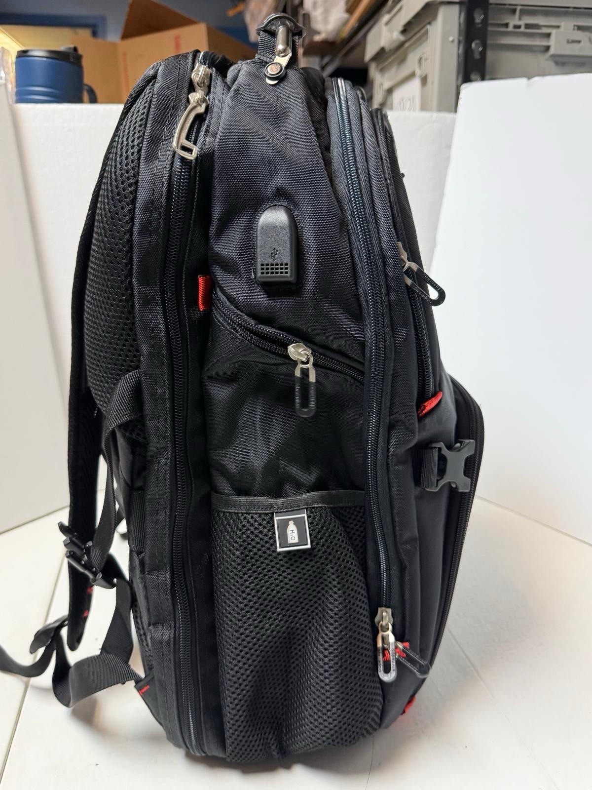 SHRRADOO Black Backpack , Padded Straps, 3 Pockets, USB Heavy Duty