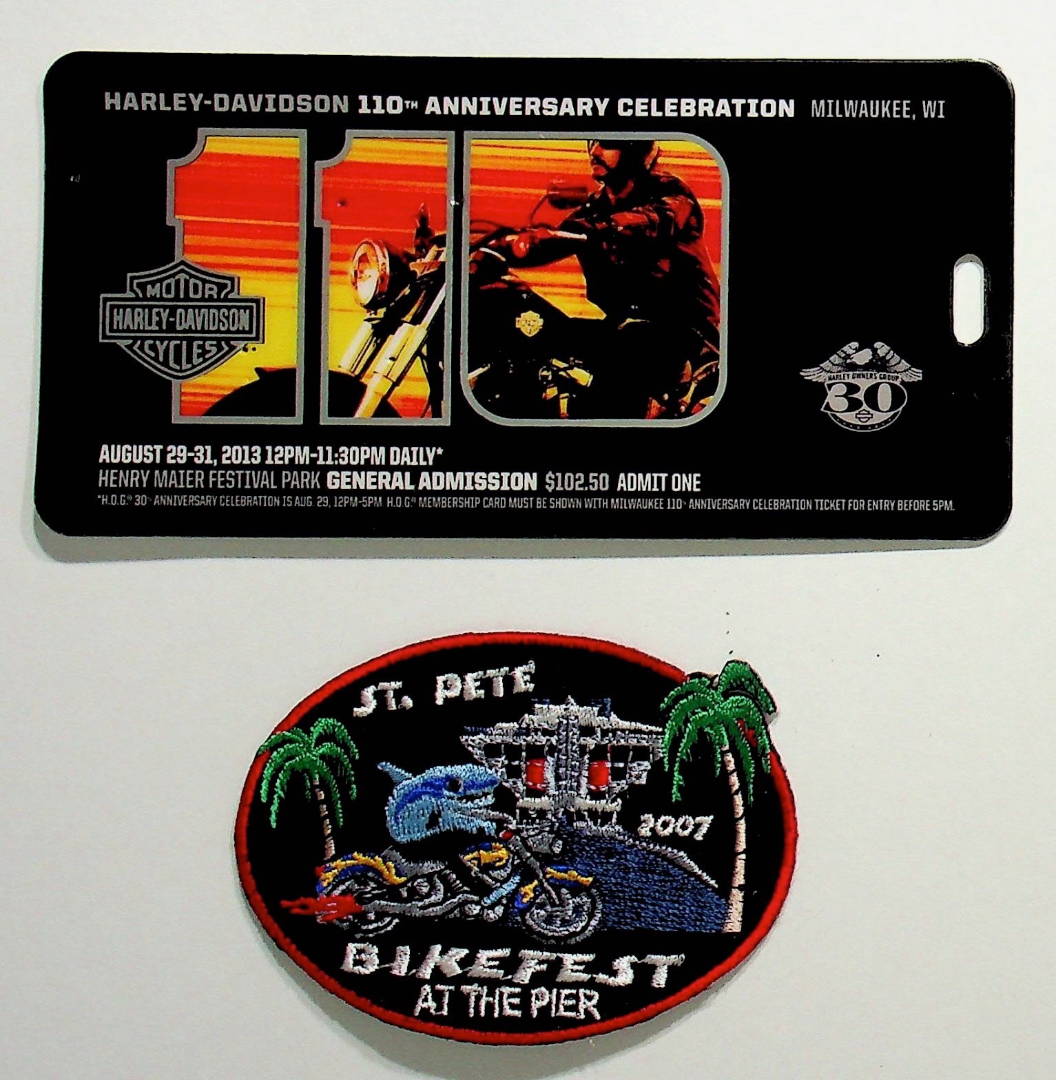 2013 Harley-Davidson 110th Anniversary Ticket and Unused 2007 Bikefest Patch