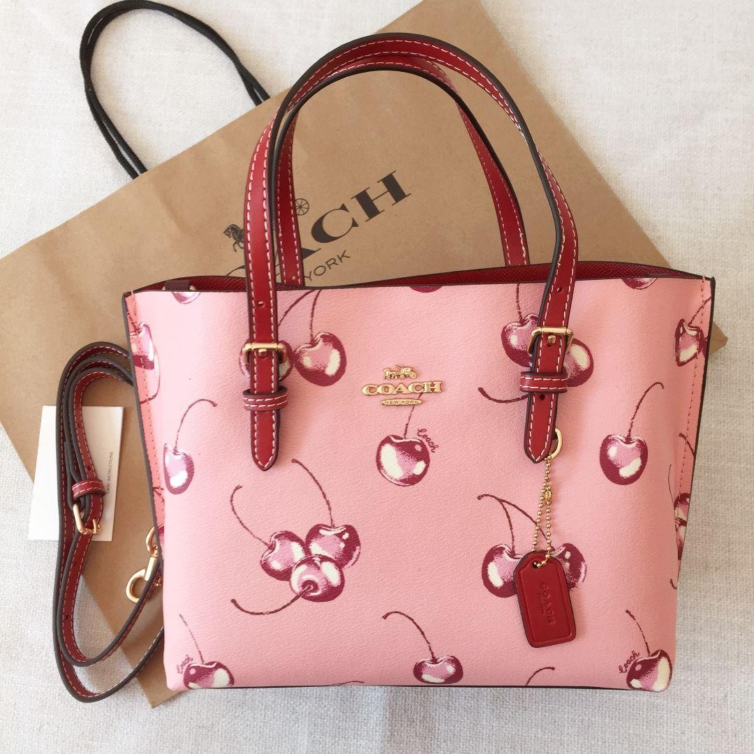 COACH CR293 Mollie Tote 25 2way Shoulder Bag Canvas Leather Cherry Pink Outlet