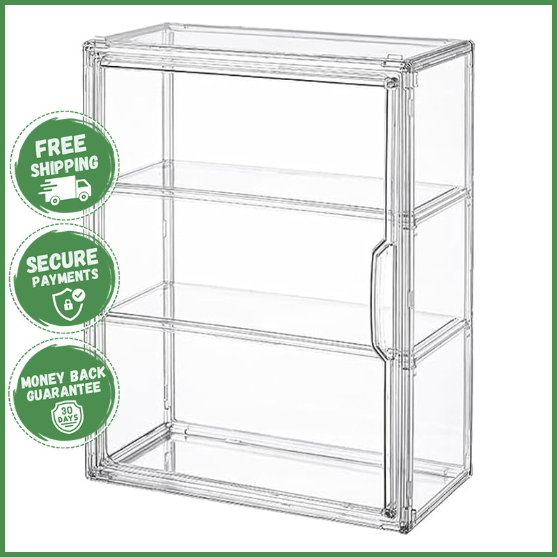 3 TIERS CLEAR ACRYLIC FIGURES DISPLAY CASE Storage Organizers Box Magnetic Door