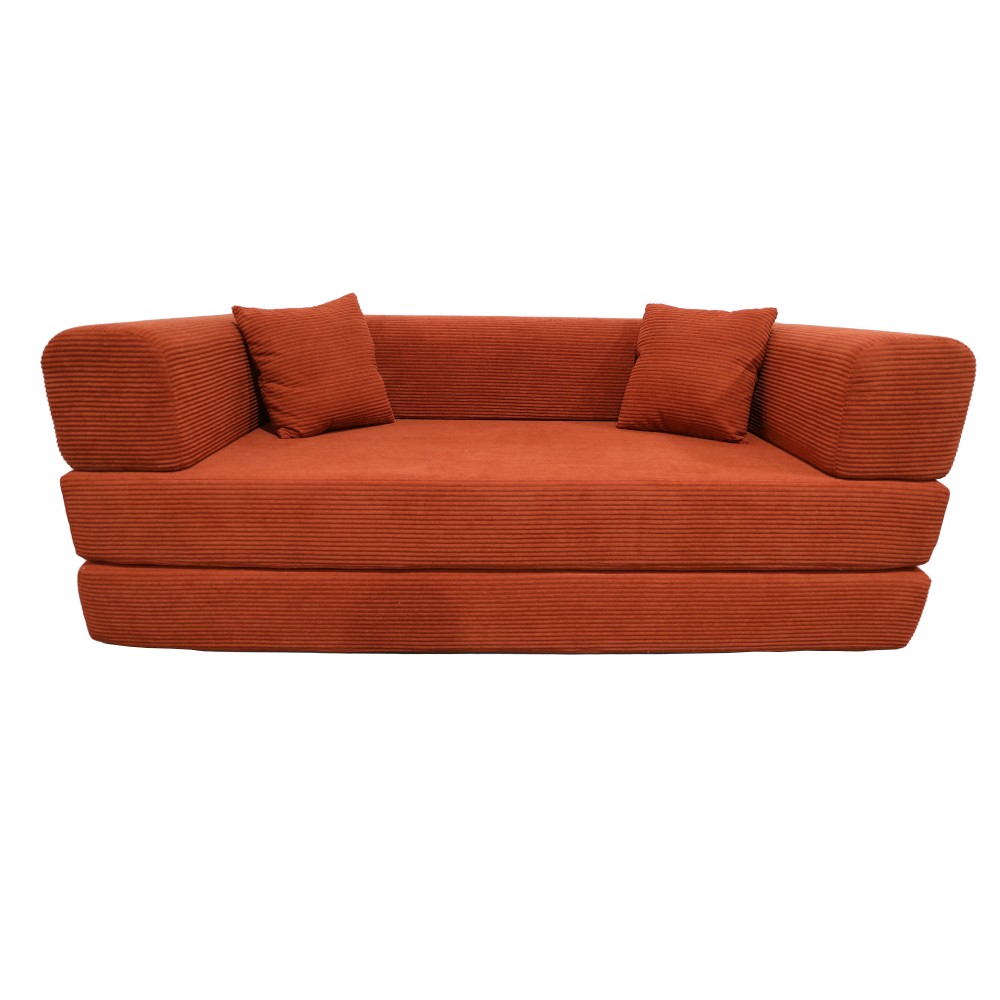 Sleeper Sofa Bed 2-Seater Convertible Couch Corduroy Foam Orange