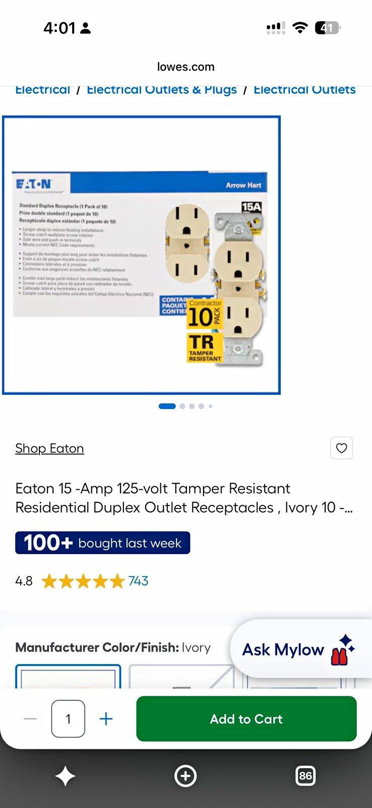 Eaton Arrow Hart 15A 125V Tamper Resistant Duplex Outlet, White 10 Pack