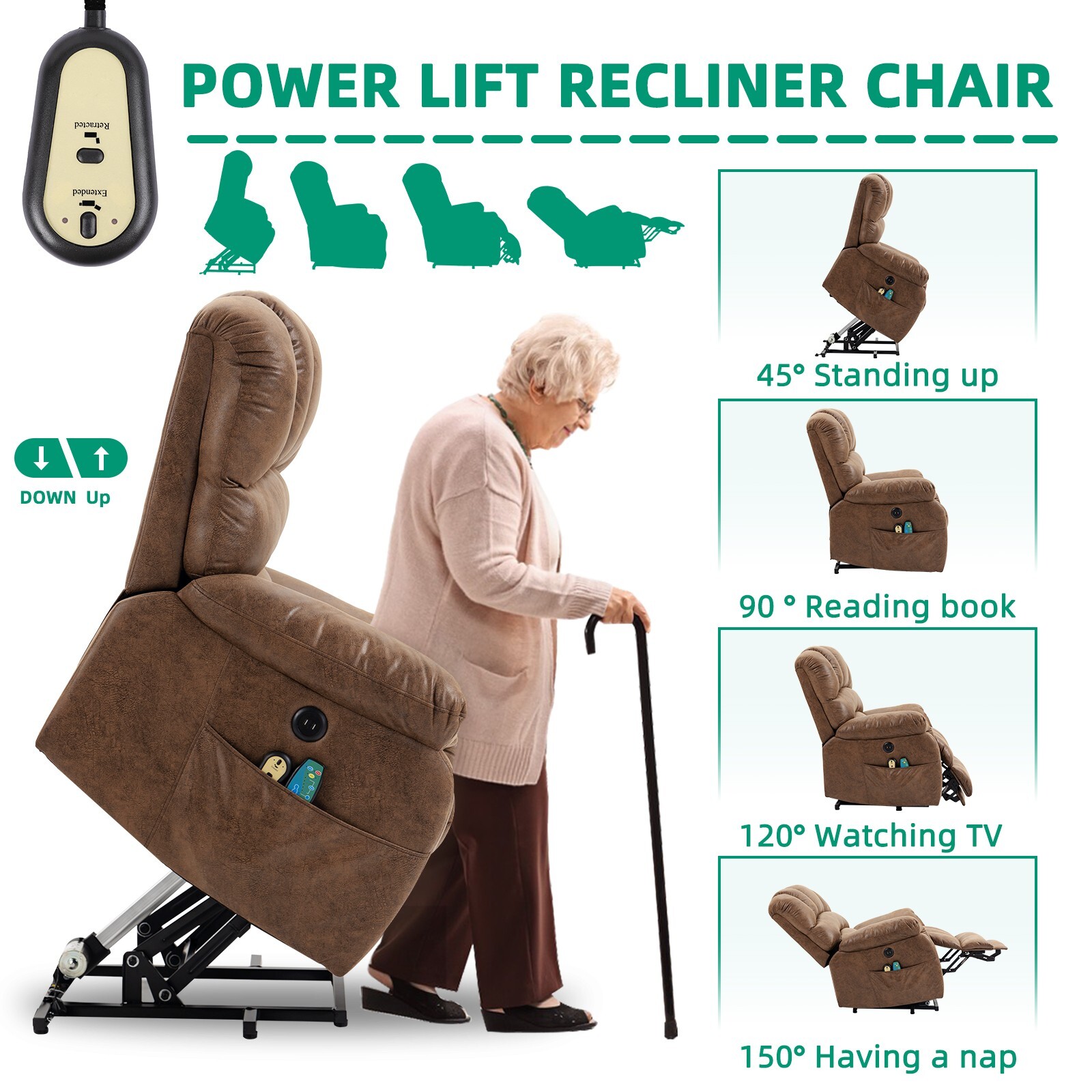 Large Power Lift Recliner Chair w/ Heat Massage & Extended Footrest for Tall Man
