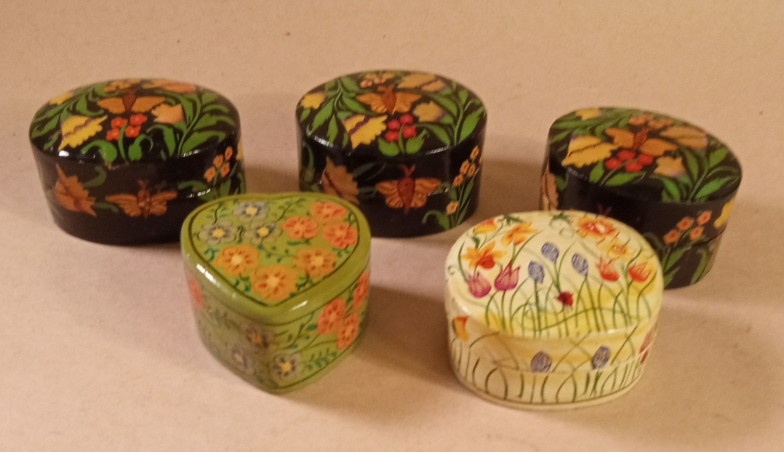Small Trinket Boxes. Set Of 5. Paper Machete. 2" Average. Glazed