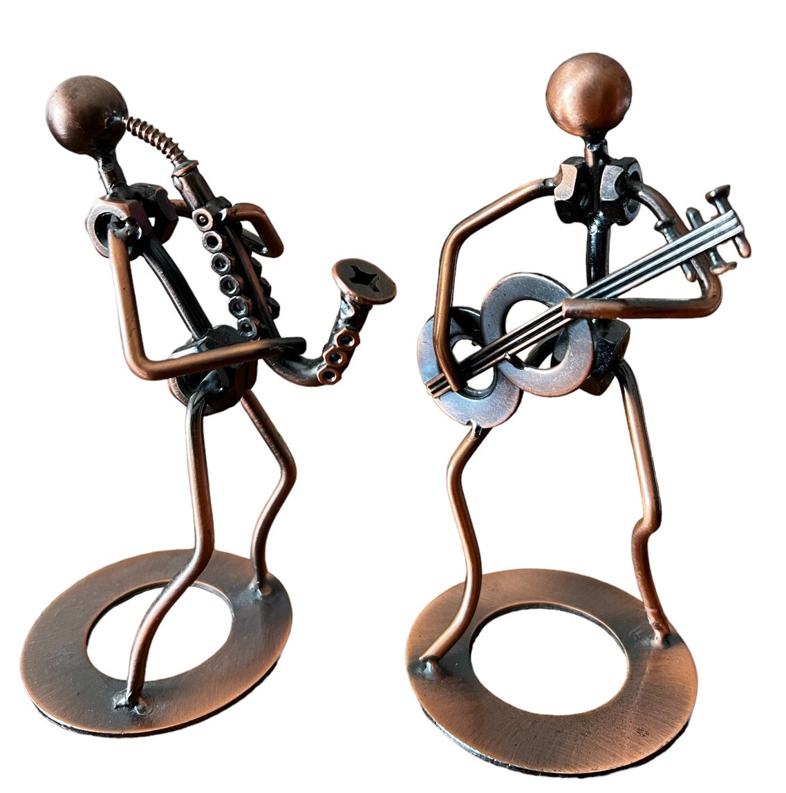 Guitar & Saxophone Player Metal Art Sculptures Nuts Bolts Screws Washers Copper