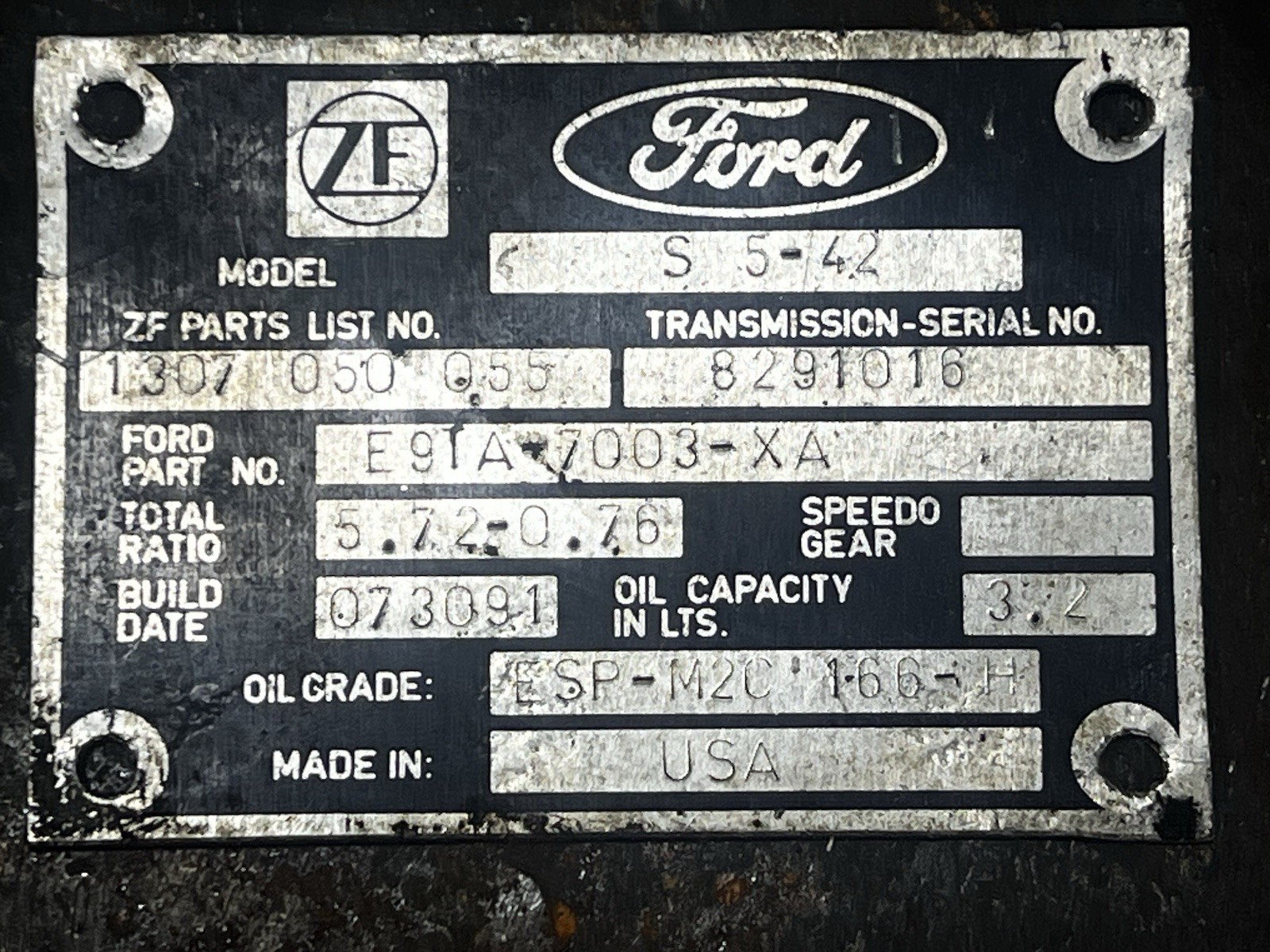 Ford ZF5 ZF-5 S5-42 ID Tag Plate