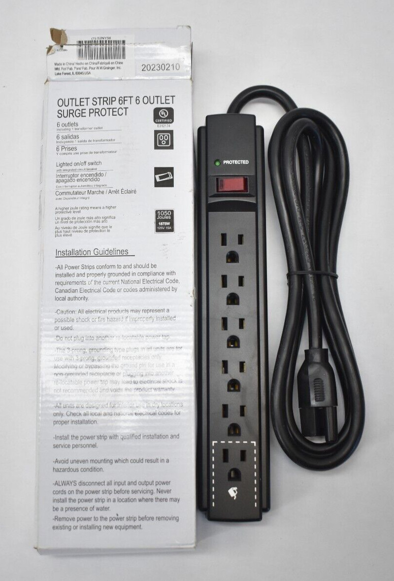 Power First Surge Protector Outlet Strip 6 Outlet w Lighted On/Off Switch 52NY56
