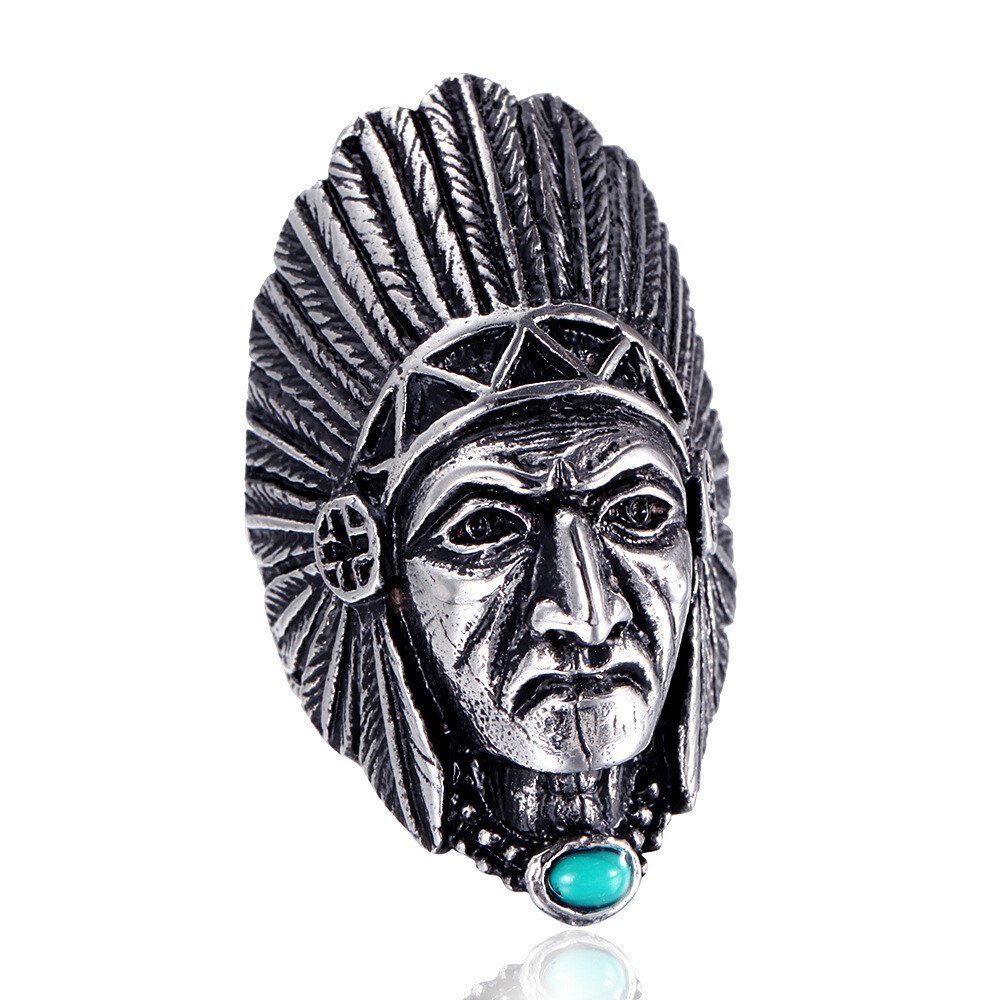 Men Women Indian Chief Ring Native American Head Stainless Steel Band Tribal