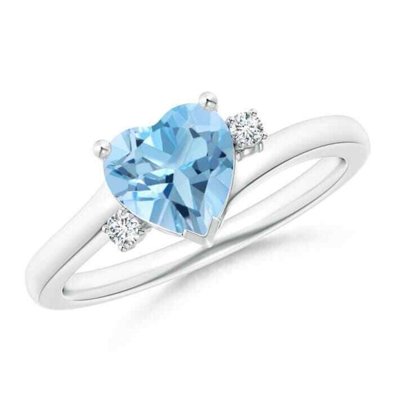 Heart Aquamarine Gemstone 925 Silver Promise Birthday Prong Halo March Ring