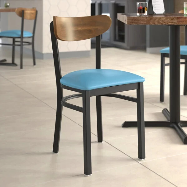 Boomerang Back Metal Dining Chairs with Blue Vinyl Seat and Vintage Wood Back