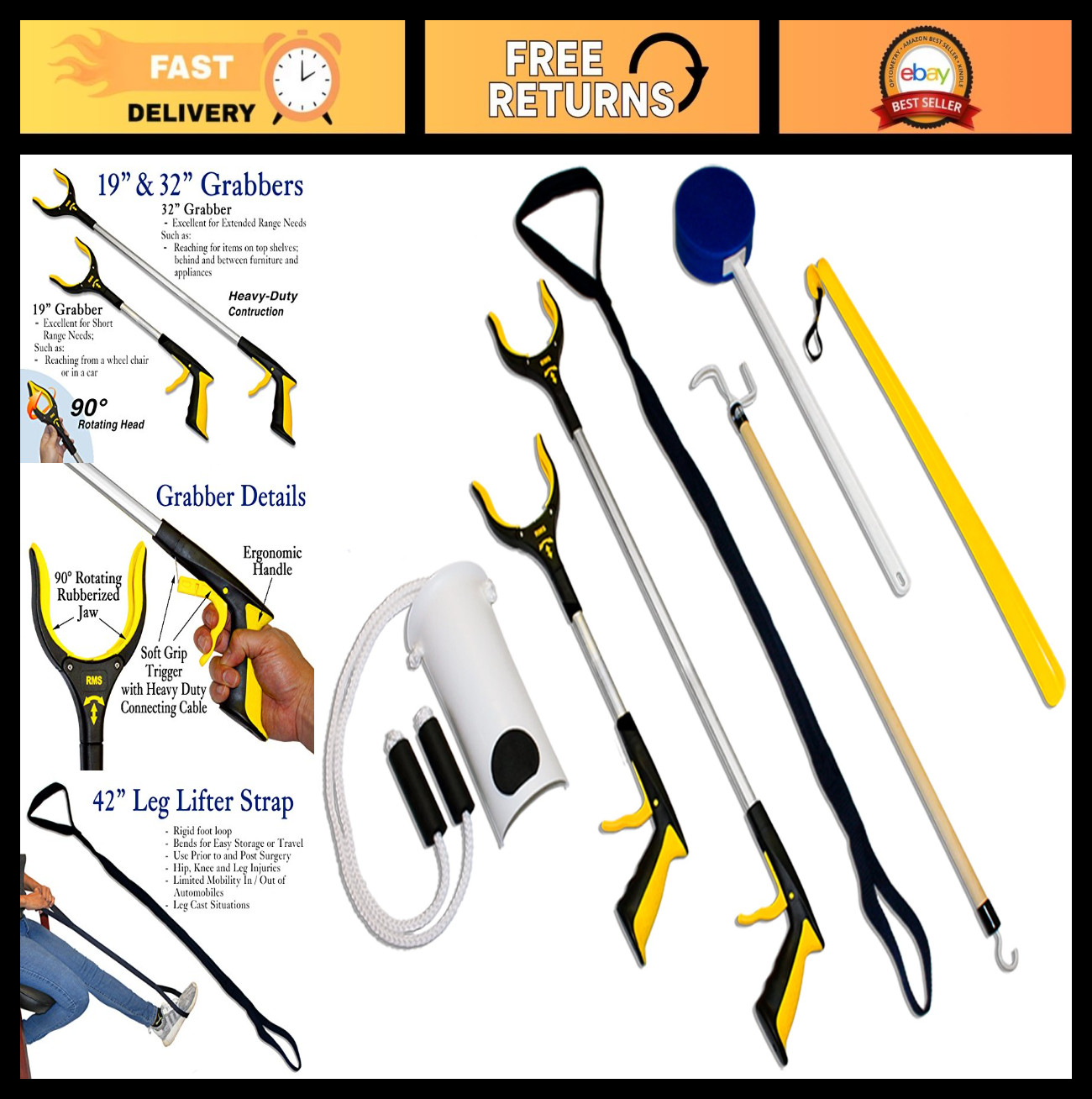 7-Piece Hip & Knee Kit - Leg Lifter, Reachers, Sock Aid, Dressing Stick & More -